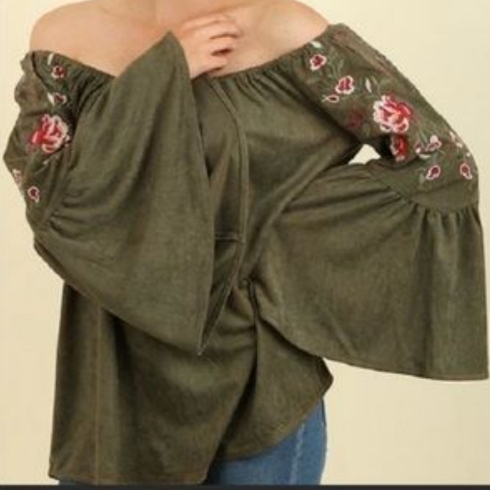Umgee Olive Green Floral Embroidered Bell Sleeve Oversized Top